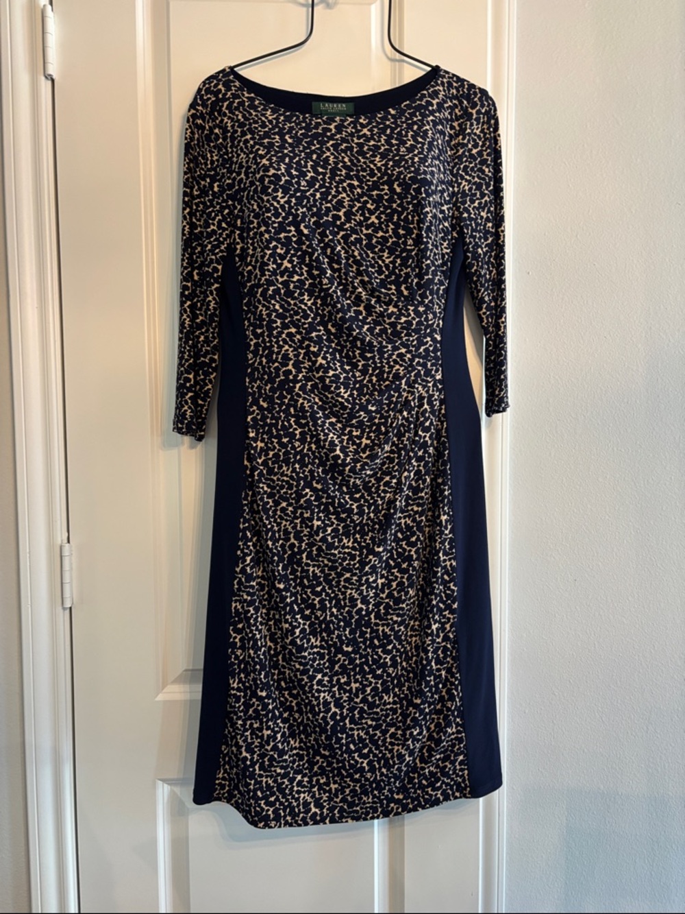 Ralph Lauren Stretchy Navy Beige silhouette 3/4 sleeve midi Dress - 10